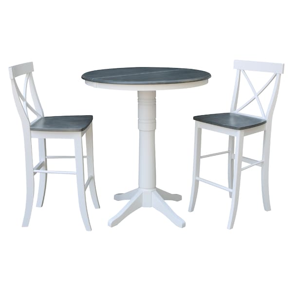 International Concepts Round 36 in Rd Extend Dining Table, 2 X-Back Bar Ht Stools, White/Heather Gray, 36 W, 48 L, 42.1 in H K05-36RXT-27B-S6133-2 - main